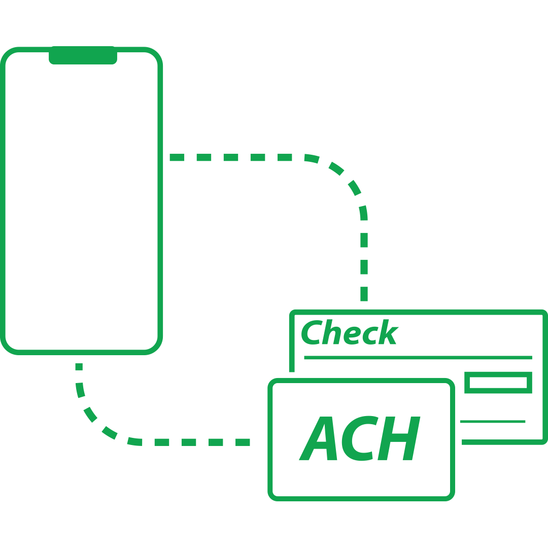 iPhone icon and on the side check and ACH payment processing options.